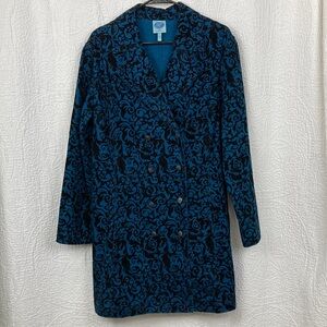 DG2 Diane Gilman Baroque Jacquard Damask Peacoat Trench sz XL Teal Black